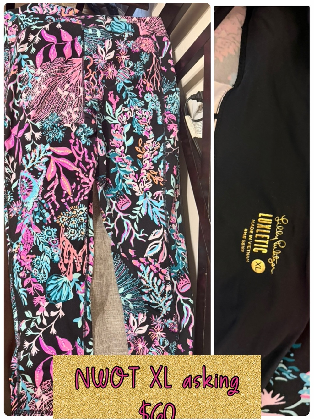 Lilly Pulitzer Black Floral Luxletic Leggings with Pink & Aqua Accents